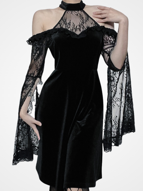 Women's Goth Velvet Flare Sleeve Long Dress_ovniki