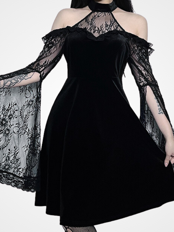 Women's Goth Velvet Flare Sleeve Long Dress_ovniki
