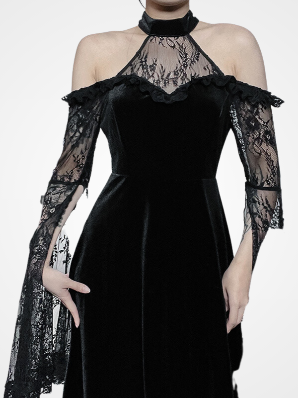 Women's Goth Velvet Flare Sleeve Long Dress_ovniki
