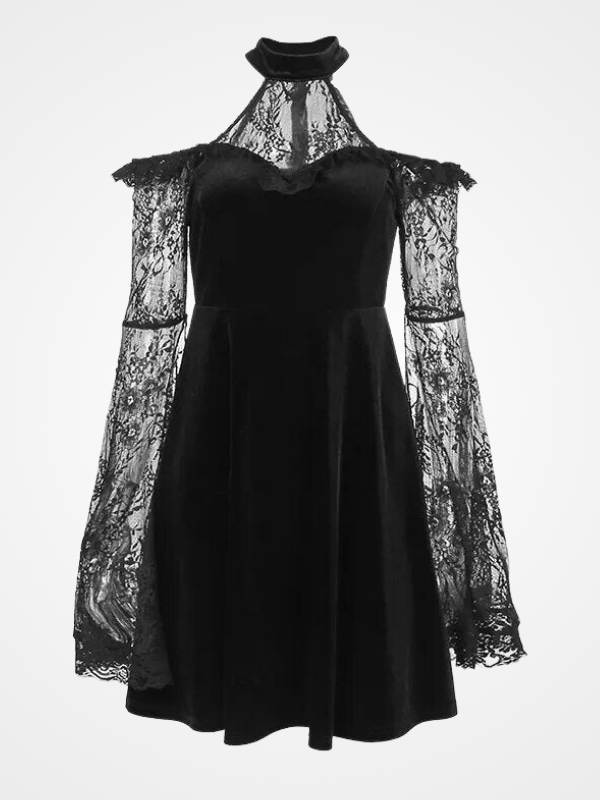 Women's Goth Velvet Flare Sleeve Long Dress_ovniki
