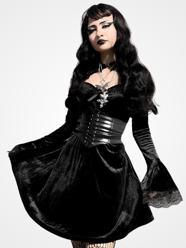 Women`s Gothic A-Line Velvet Party Full Sleeved Dress_ovniki