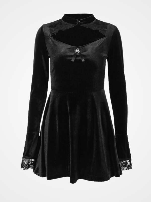 Women`s Gothic A-Line Velvet Party Full Sleeved Dress_oviniki