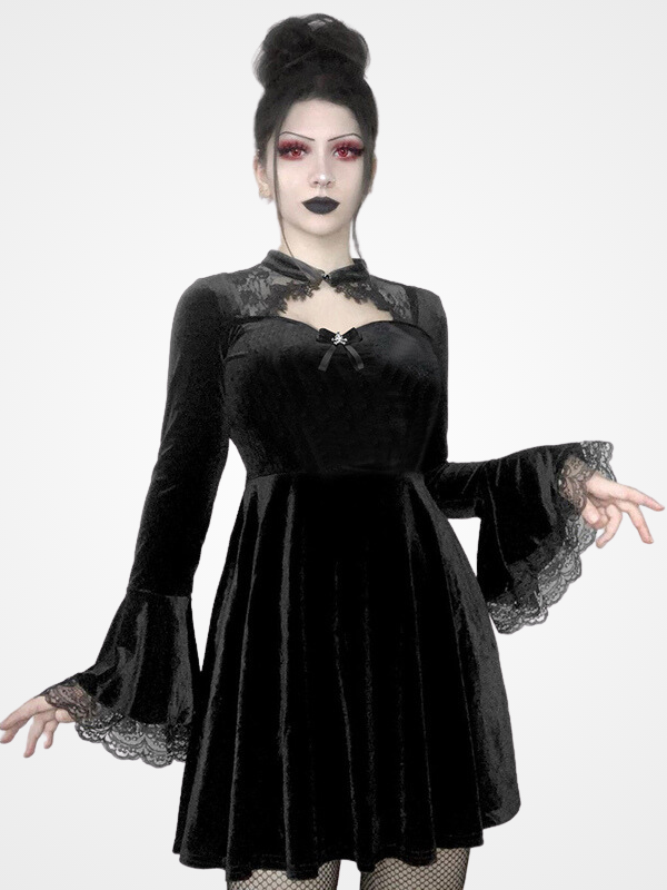 Women's Gothic A-Line Velvet Party Full Sleeved Dress_ovniki