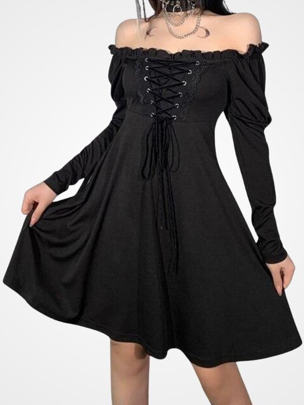 Women`s Gothic Bare Shoulder Lolita Mini Dress_ovniki