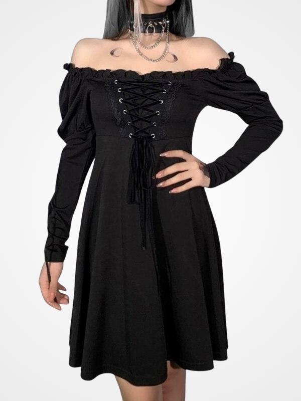 Women`s Gothic Bare Shoulder Lolita Mini Dress_ovniki