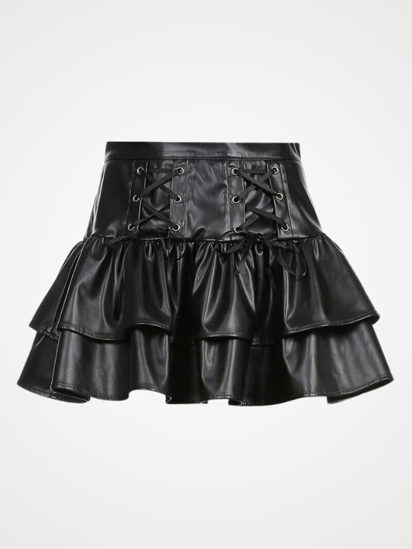 High Waist Lace-up Gothic Flared Leather Skirt - ovnikies