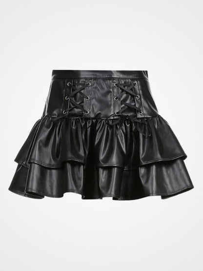 High Waist Lace-up Gothic Flared Leather Skirt - ovnikies