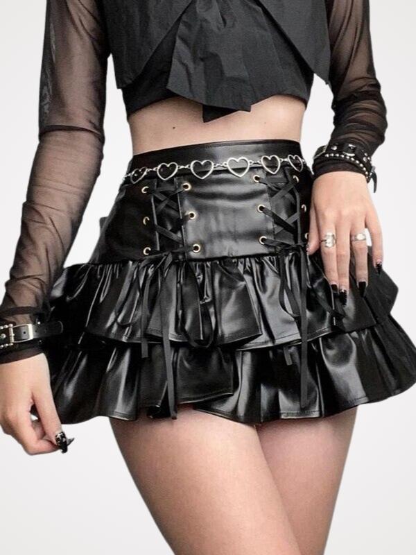 High Waist Lace-up Gothic Flared Leather Skirt - ovnikies