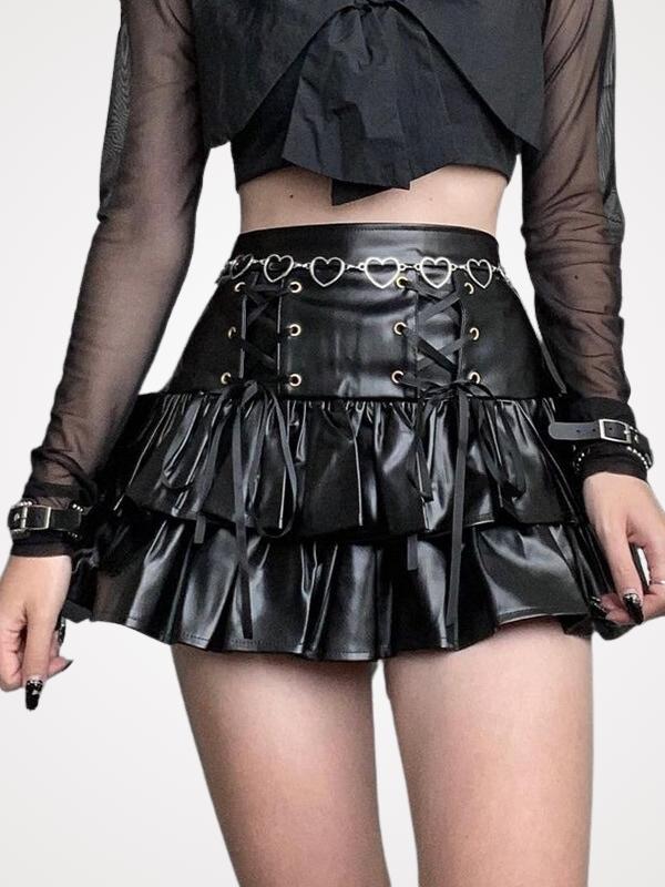 High Waist Lace-up Gothic Flared Leather Skirt - ovnikies