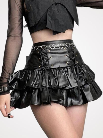 High Waist Lace-up Gothic Flared Leather Skirt - ovnikies
