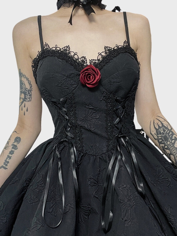 Women`s Gothic Lace Up A-line Jacquard Long Dress_ovniki