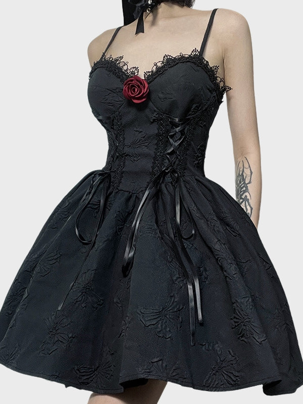 Women`s Gothic Lace Up A-line Jacquard Long Dress_ovniki