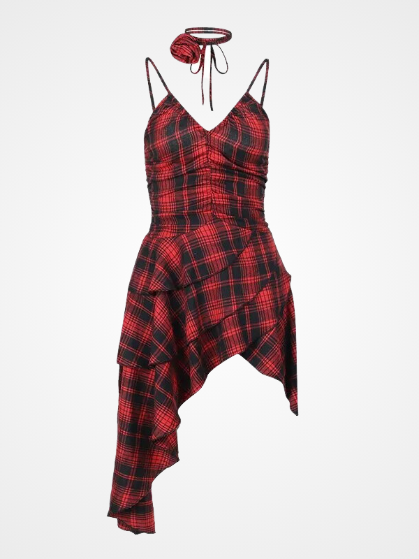 Women's Gothic Red Plaid High Waist Long Dress_ovniki