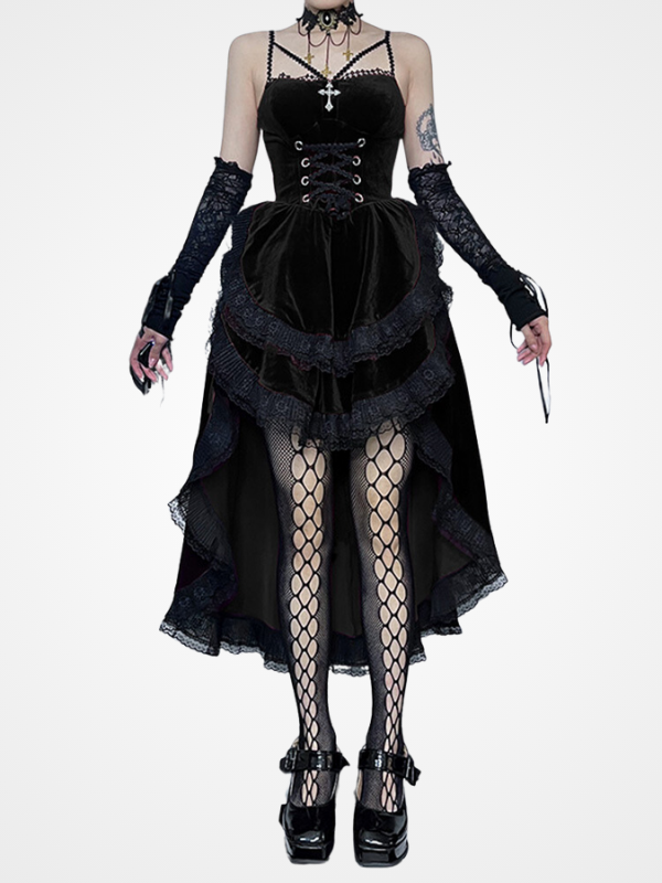 Women`s Gothic Strap Lace up Vintage Party Long Dress_ovniki