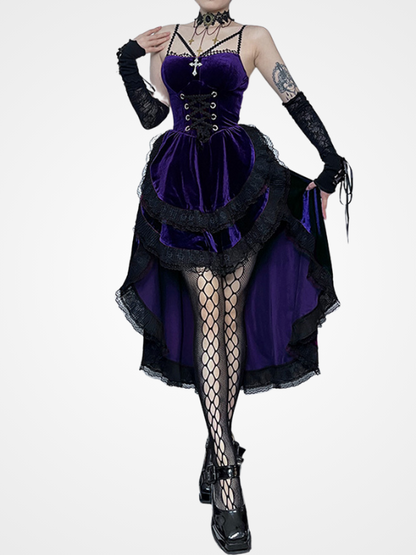 Women`s Gothic Strap Lace up Vintage Party Long Dress_ovniki