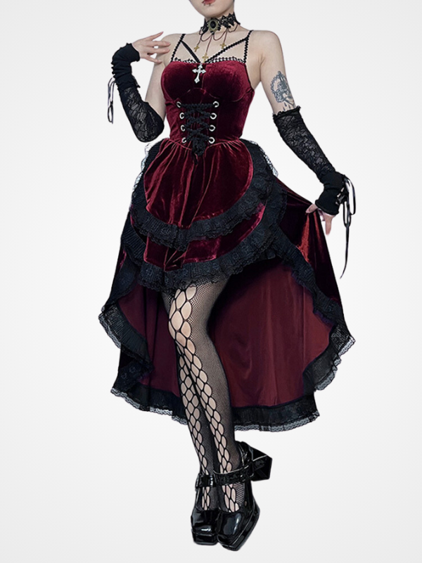 Women`s Gothic Strap Lace up Vintage Party Long Dress_ovniki