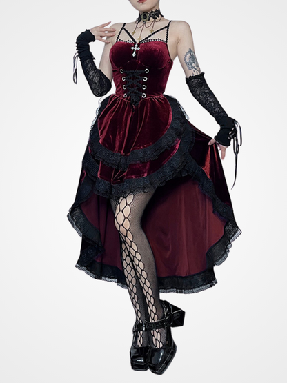 Women`s Gothic Strap Lace up Vintage Party Long Dress_ovniki