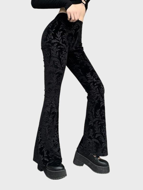 Women's Gothic Suede High Waisted Floral Pants - ovniki