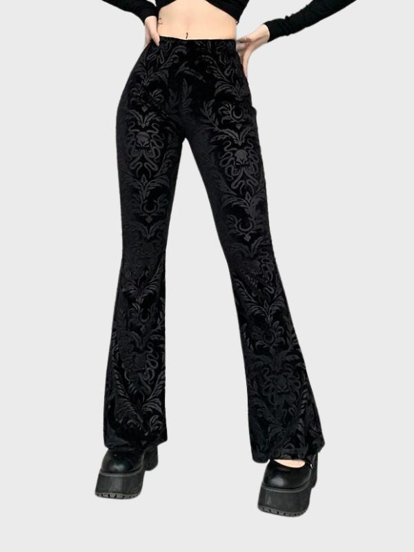 Women's Gothic Suede High Waisted Floral Pants - ovniki