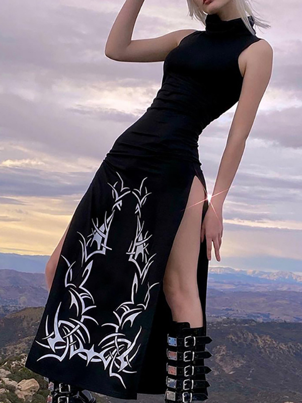 Women`s Gothic Turtleneck Sleeveless Party Long Dress_ovniki