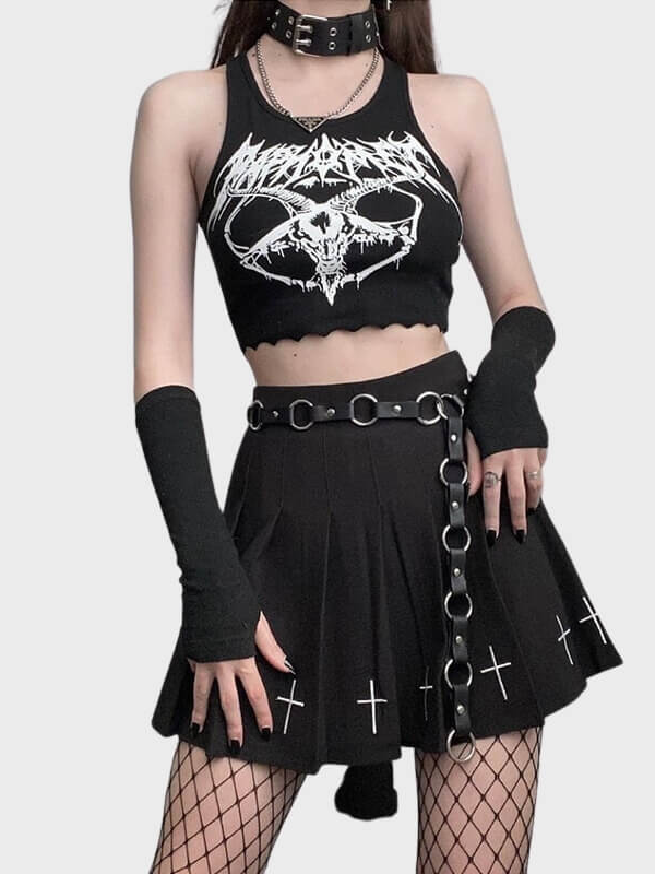 Women's Knitted Goat Print Black Tank Tops - ovniki