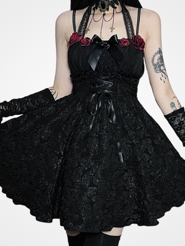 Women's Rose Lace Up Fairycore Mini Dress_ovniki