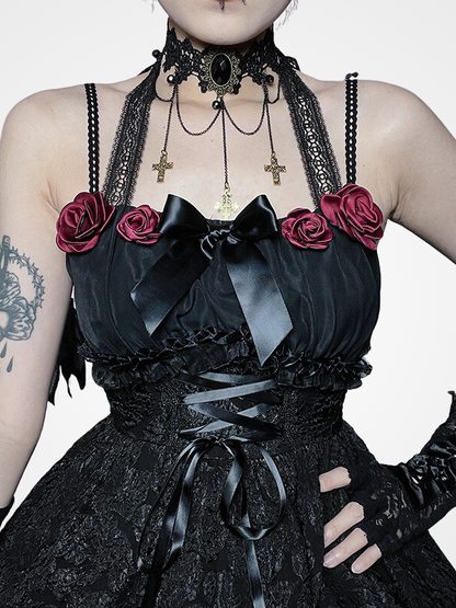 Women's Rose Lace Up Fairycore Mini Dress_ovniki