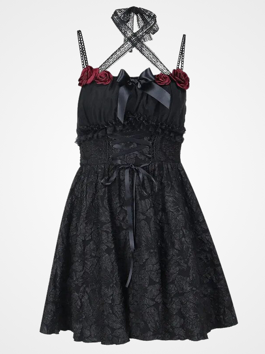 Women's Rose Lace Up Fairycore Mini Dress_ovniki