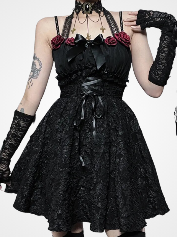 Women's Rose Lace Up Fairycore Mini Dress_ovniki
