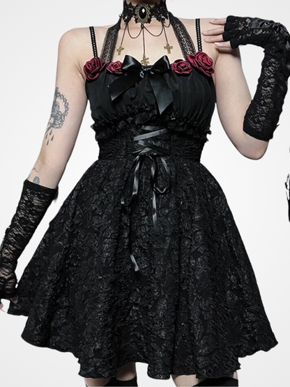 Women's Rose Lace Up Fairycore Mini Dress_ovniki