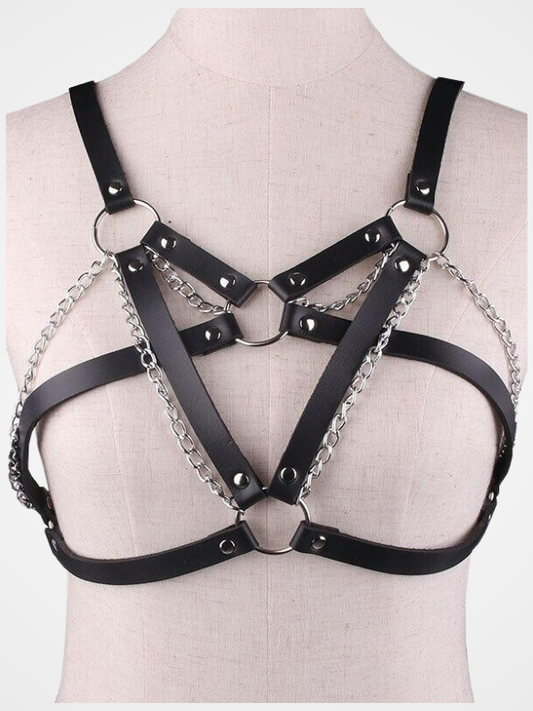Women's Sexy Open Cup Chain Leather Harness_ovniki