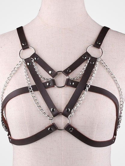 Women's Sexy Open Cup Chain Leather Harness_ovniki