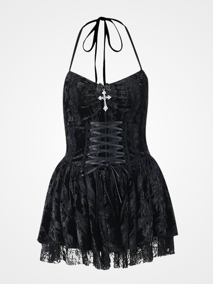 Women's gothic black cross decor sling dress_ovniki